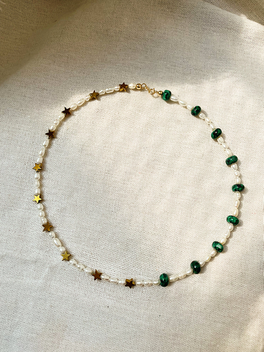 GREEN EPIDOTE / STAR + PEARL NECKLACE