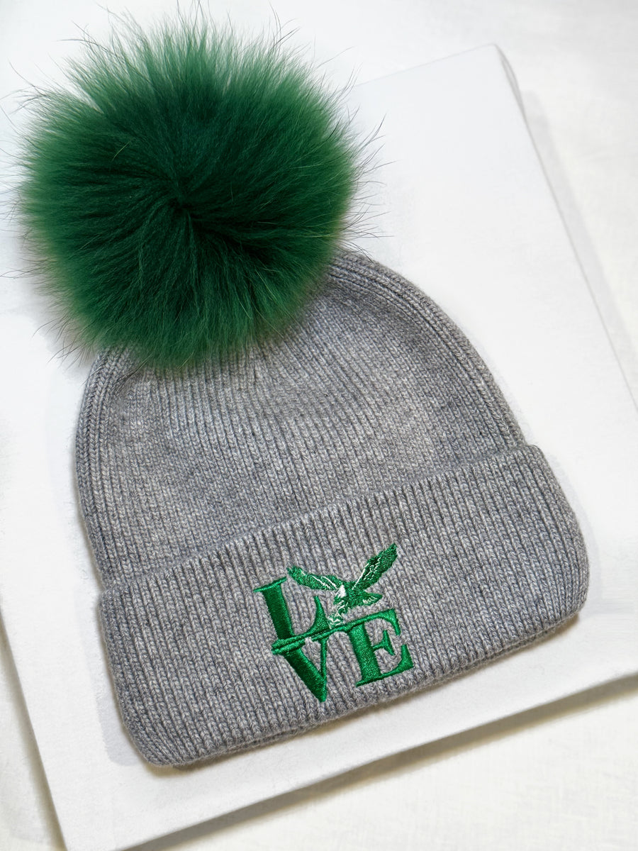 EMBROIDERED EAGLES SINGLE POM - LOVE (GREY/GREEN)