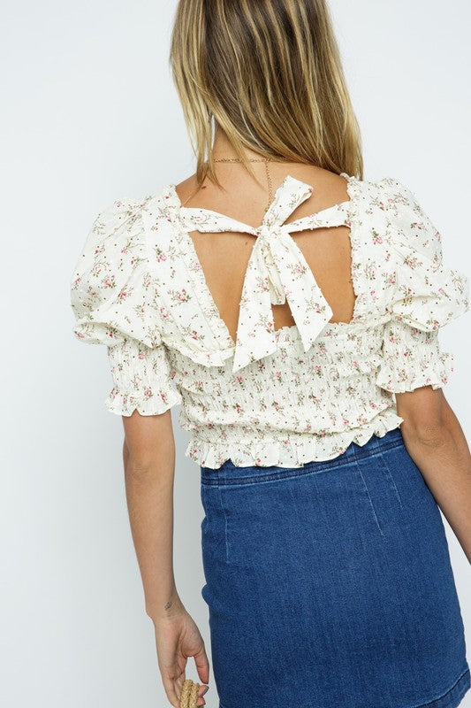 FLORAL SMOCKED PUFF SLEEVE TOP