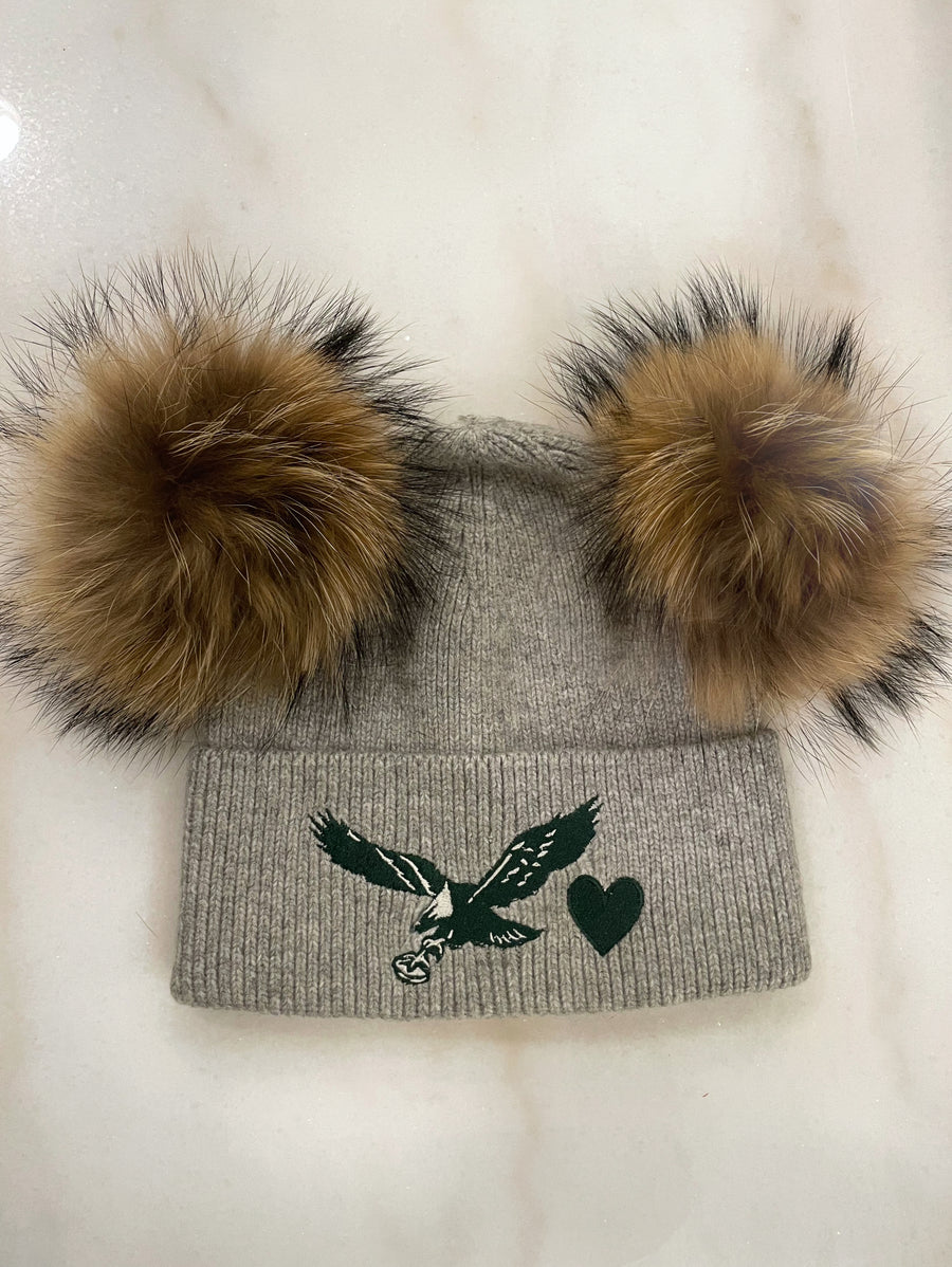 EMBROIDERED EAGLES DOUBLE POM BEANIE- HEART (GREY)