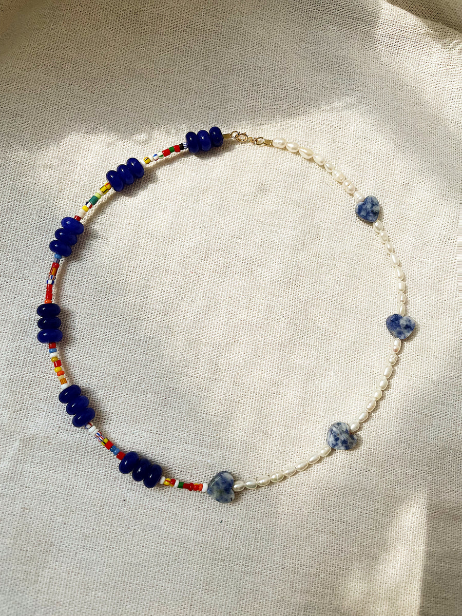 SODALITE / DYED LAPIS + PEARL NECKLACE